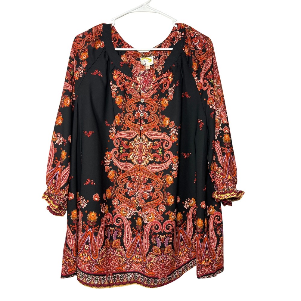Fig & Flower 2X Paisley Print Long Sleeve Tunic Dress Boho Chic Women's‎